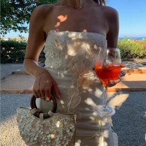 Strapless 2000s Cream Lace Applique Midi Dress